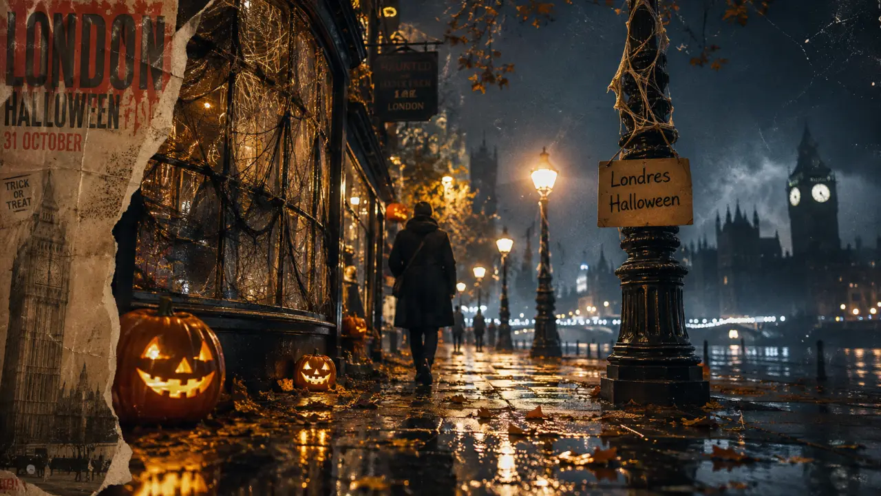Londres Halloween : trottoir humide, citrouilles, touriste et brume
