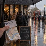 Meilleur moment pour visiter Londres : trottoir humide et file clairsemée sous la pluie légère