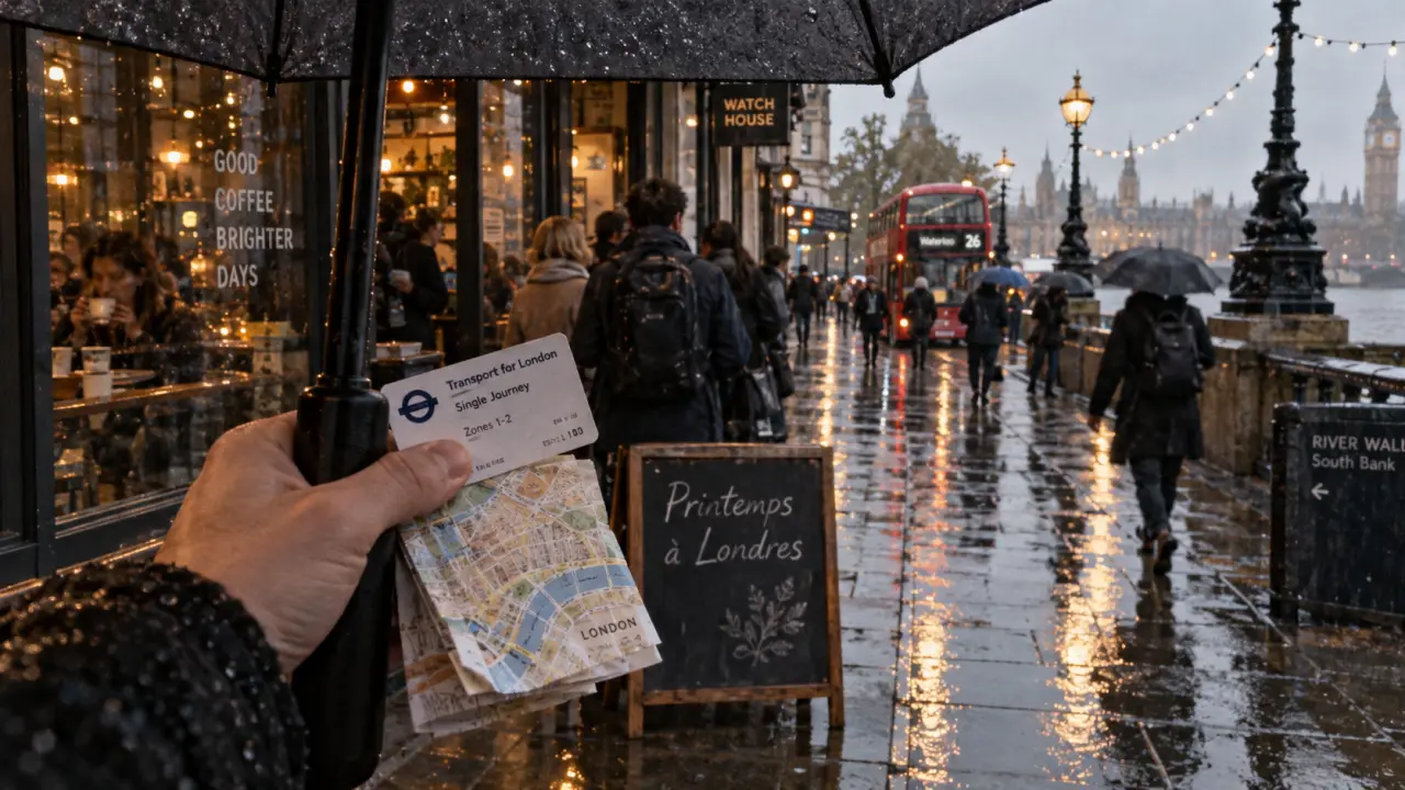 Meilleur moment pour visiter Londres : trottoir humide et file clairsemée sous la pluie légère