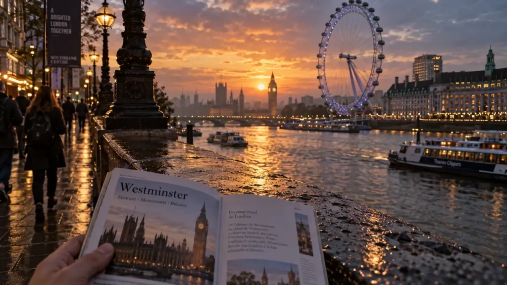 Meilleur quartier de londres pour visiter : Westminster, London Eye et Big Ben à golden hour