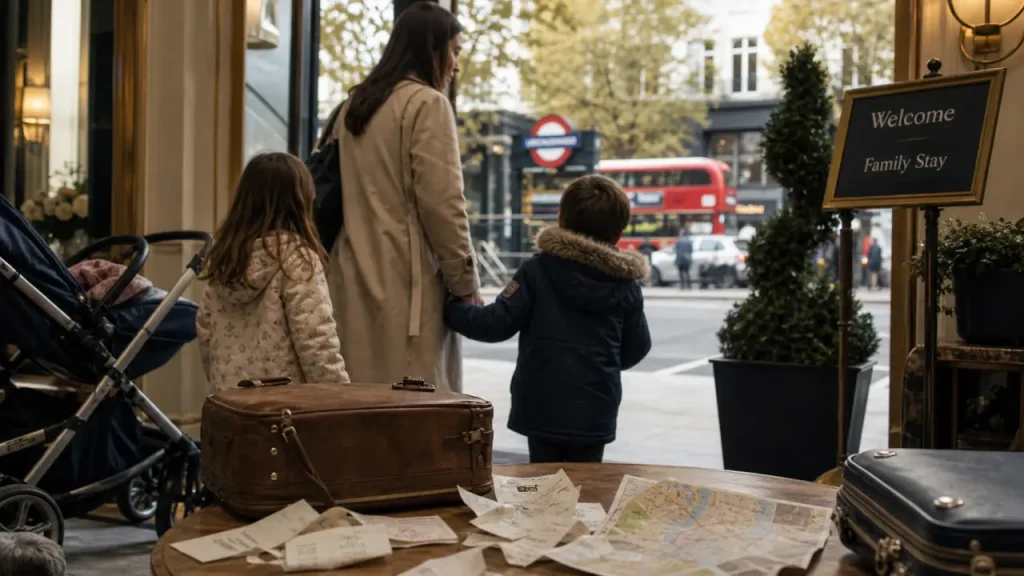 Mère et enfants reviennent du métro, hôtel calme à Londres pour dormir en famille