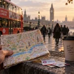 Plan pour visiter Londres : quartiers et trajets, bus rouge et Big Ben en arrière-plan
