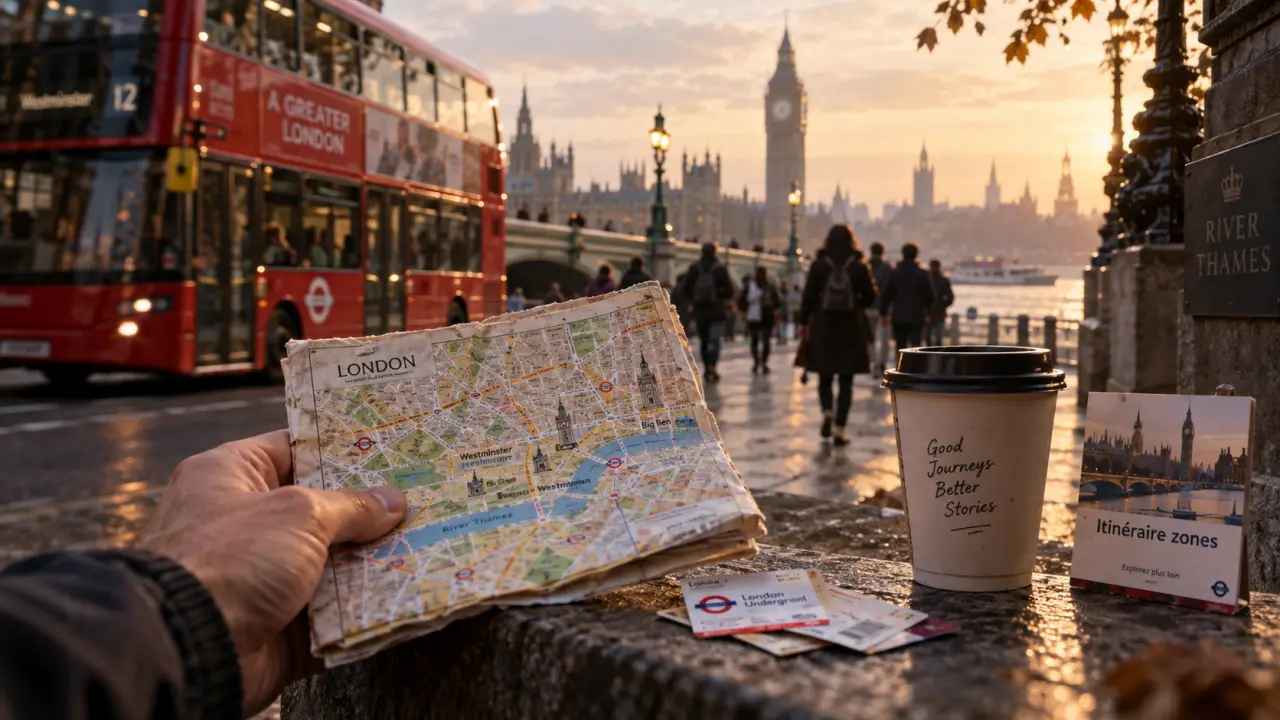 Plan pour visiter Londres : quartiers et trajets, bus rouge et Big Ben en arrière-plan