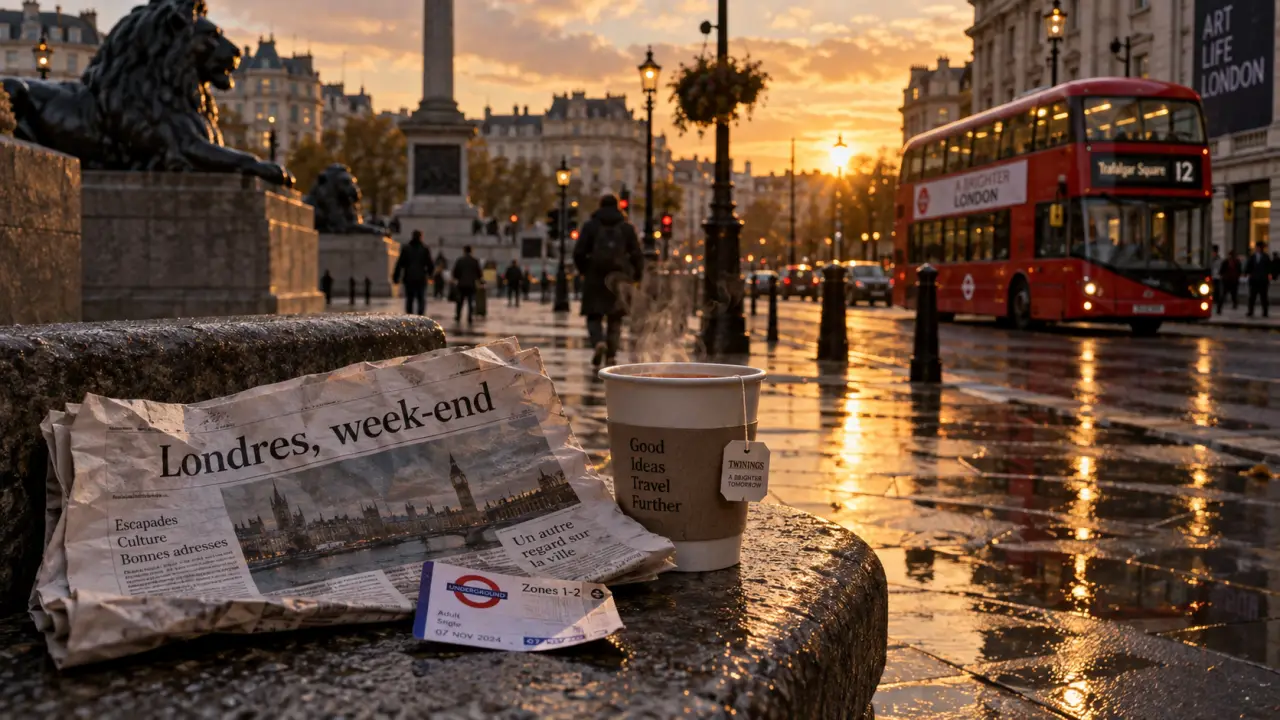 Pourquoi visiter Londres : bus rouge et façades victoriennes près de Trafalgar Square, thé et pluie récente