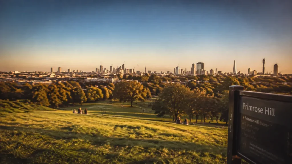 Primrose hill : vue depuis le parc, herbe et skyline londres