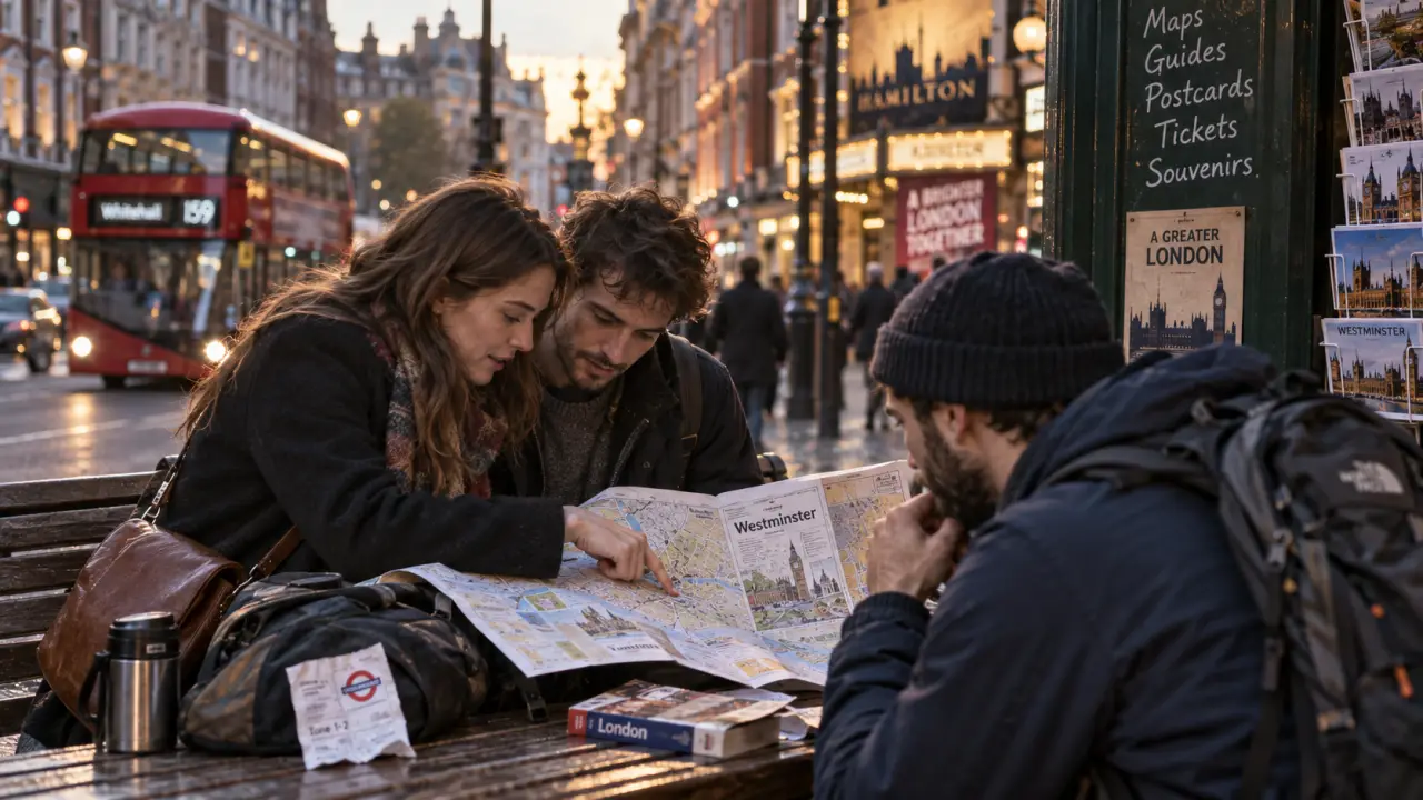 Quartiers populaires de Londres, couple consulte un plan dans une rue centrale