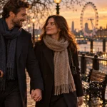 Que faire à Londres en couple : balade main dans la main sur la South Bank, London Eye en fond au golden hour