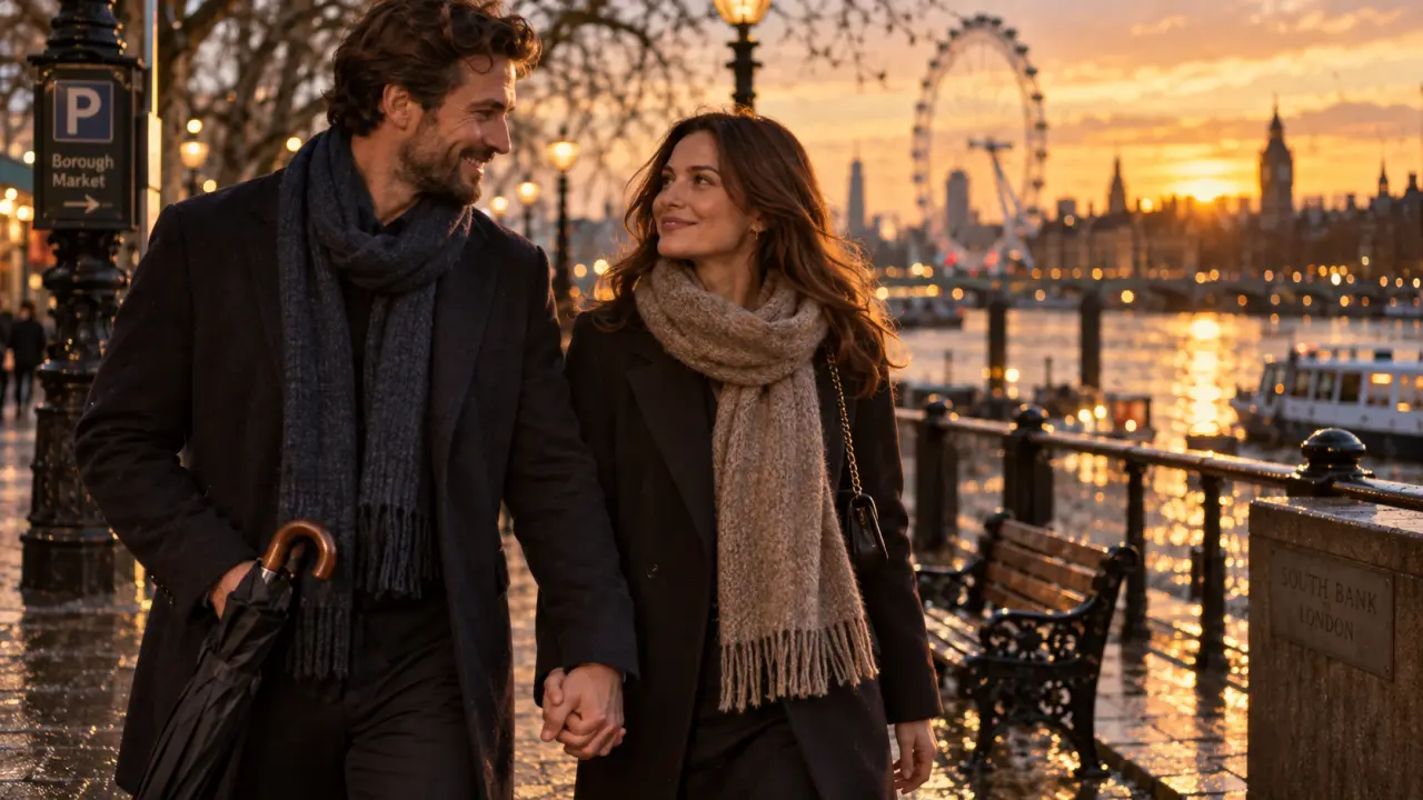Que faire à Londres en couple : balade main dans la main sur la South Bank, London Eye en fond au golden hour