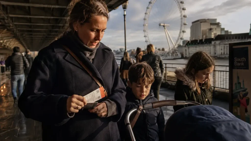 Que faire a Londres en famille : famille sur South Bank, Westminster Bridge et London Eye