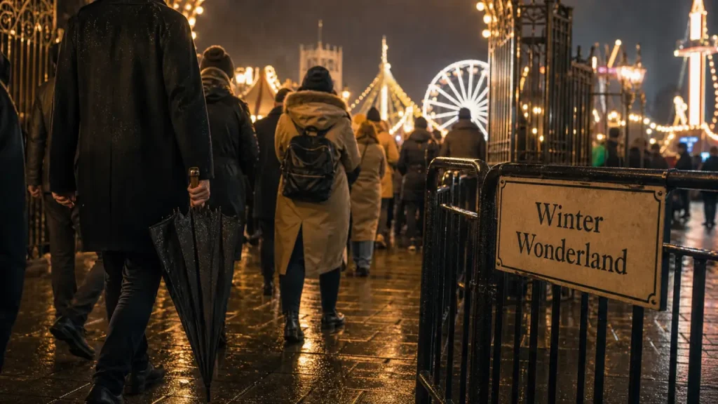 Que faire a londres en novembre : visiteurs à Winter Wonderland sous la pluie