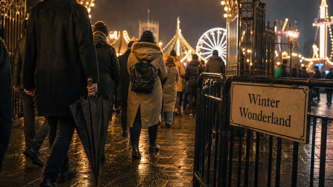 Que faire a londres en novembre : visiteurs à Winter Wonderland sous la pluie