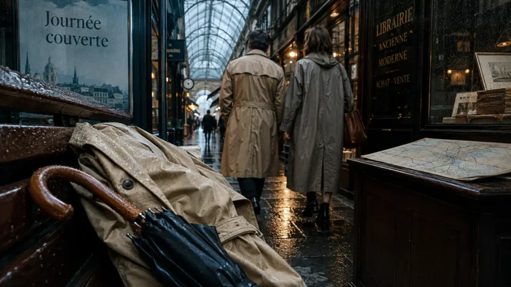 Que faire a Londres quand il pleut : parapluie et imperméable dans une arcade vitrée