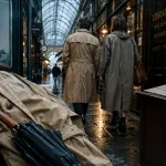 Que faire a Londres quand il pleut : parapluie et imperméable dans une arcade vitrée