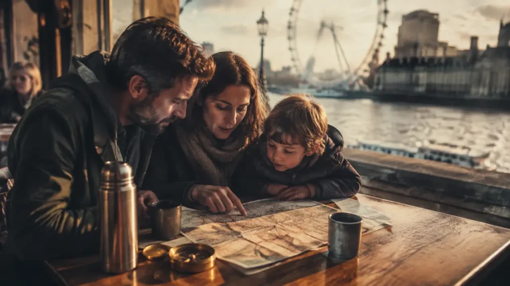 Séjours à Londres en famille : famille devant une carte près de la Tamise, London Eye en arrière-plan