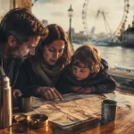 Séjours à Londres en famille : famille devant une carte près de la Tamise, London Eye en arrière-plan