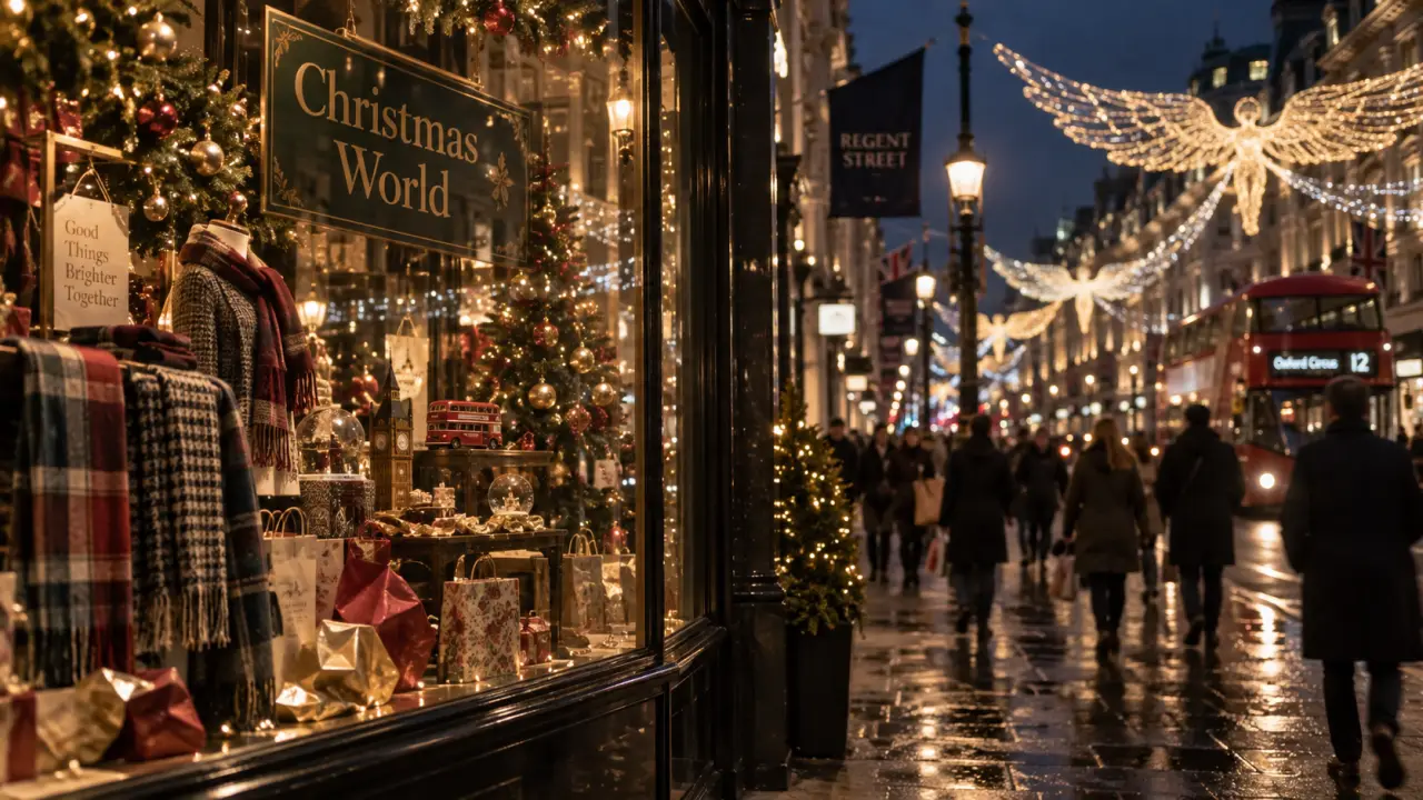 Shopping noel londres sur Regent Street, vitrines de Noël lumineuses