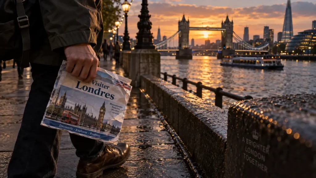 Visiter Londres à pied : marcheur avec carte vers Tower Bridge, Tamise à l’heure dorée