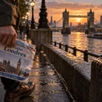 Visiter Londres à pied : marcheur avec carte vers Tower Bridge, Tamise à l’heure dorée