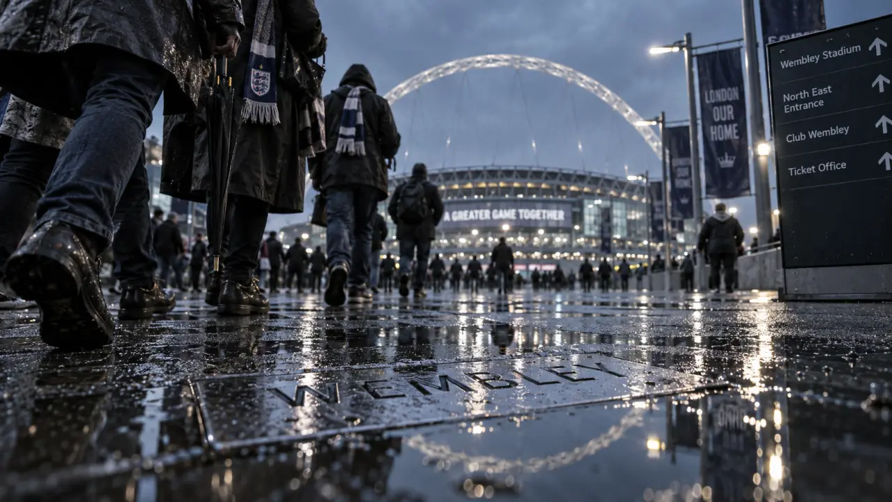 Quel stade visiter a londres : Wembley, visiteurs sous la pluie avec panneaux directionnels