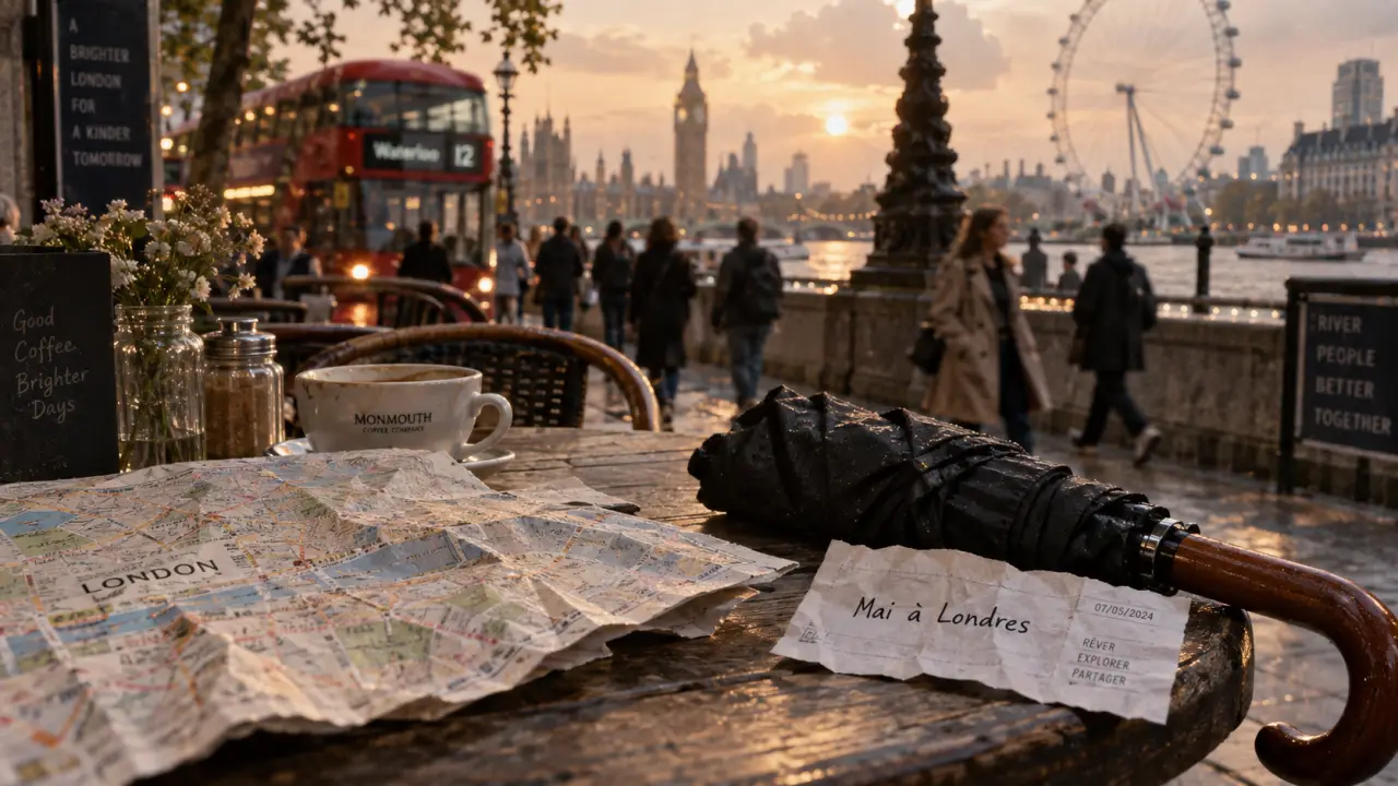 Quelle est la meilleure période pour visiter Londres : Mai à Londres, parapluie et carte de voyage près de la Tamise