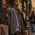 Shopping vintage Londres : vestes vintage en friperie sur une rue de marché