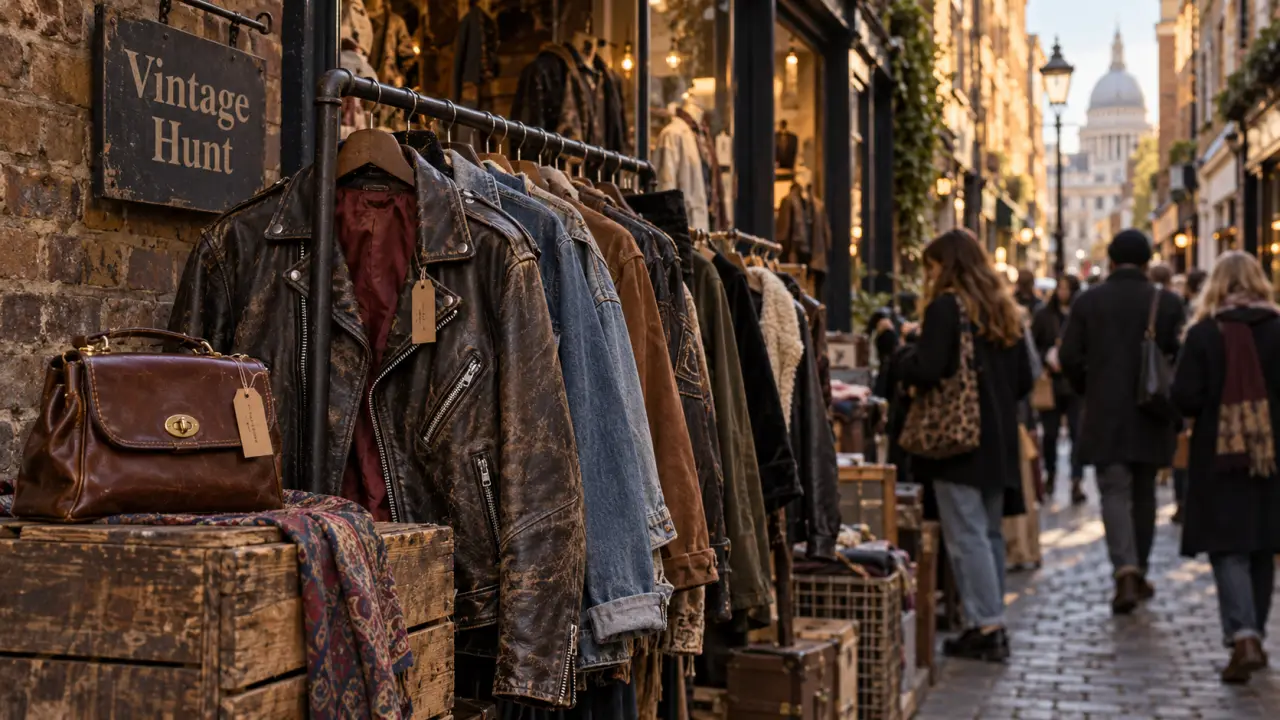 Shopping vintage Londres : vestes vintage en friperie sur une rue de marché