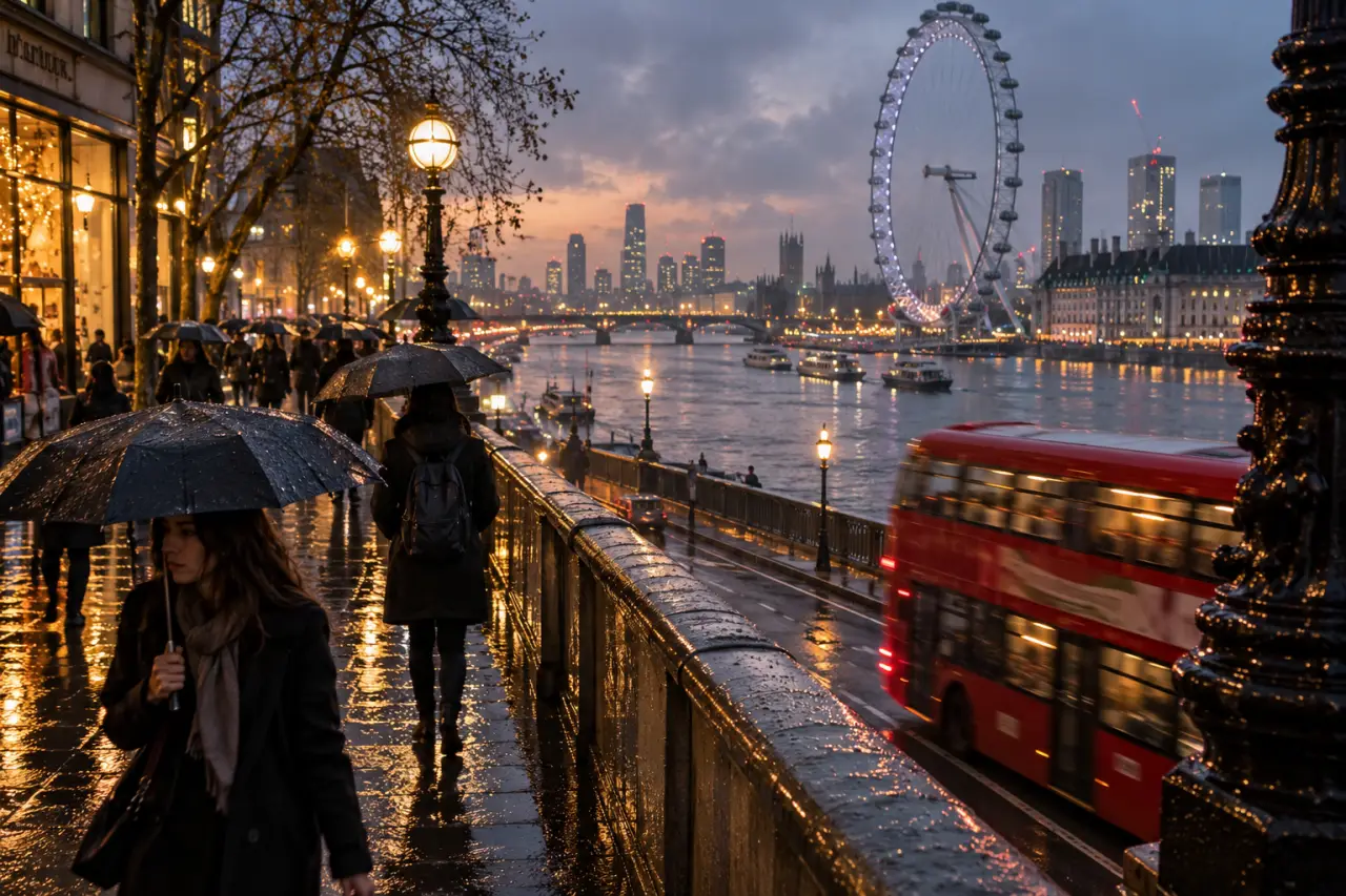 Ville Londres à visiter : la Tamise près de la South Bank, bus rouge et parapluies