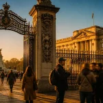 Visiter Buckingham Palace Londres : extérieur au coucher du soleil, visiteurs devant les grilles