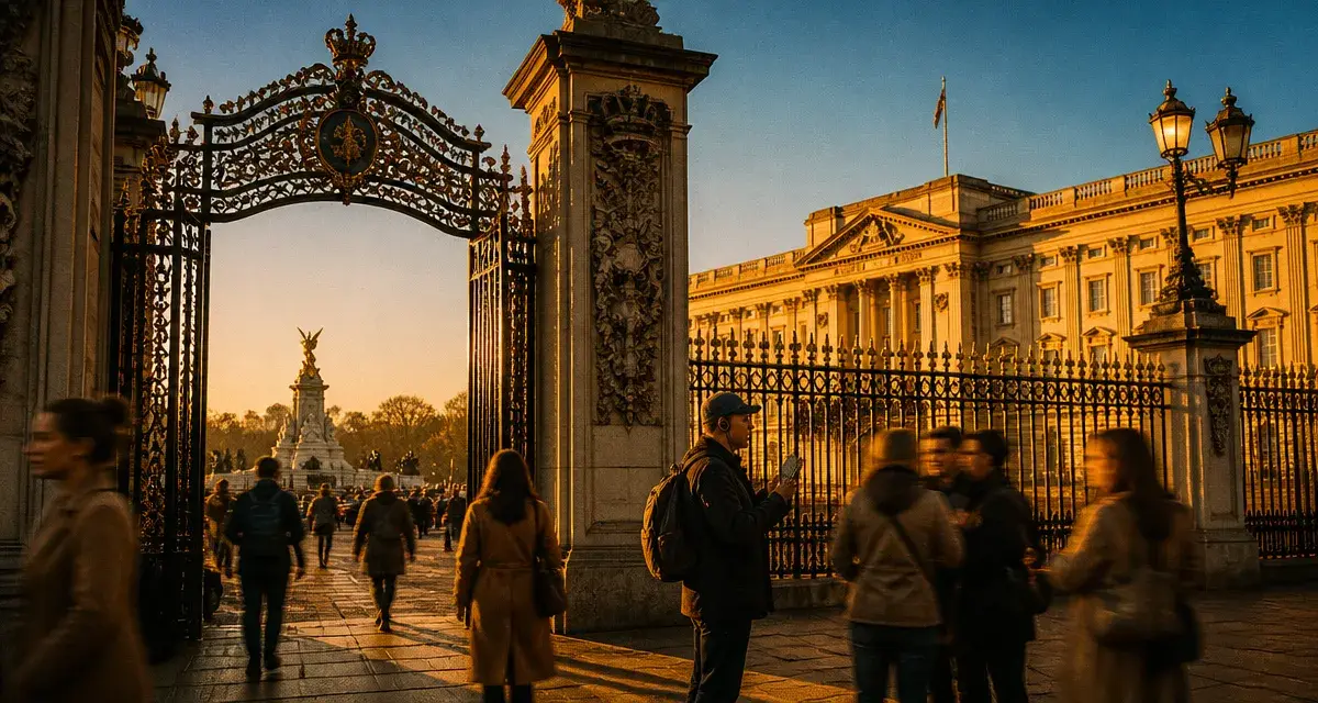 Visiter Buckingham Palace Londres : extérieur au coucher du soleil, visiteurs devant les grilles