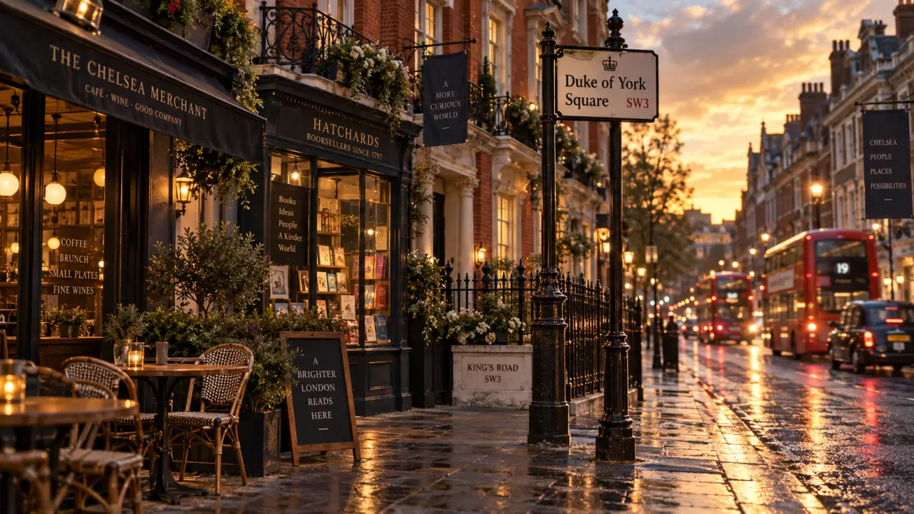 Visiter Chelsea Londres : King’s Road, maisons victoriennes et Tamise à l’arrière-plan au golden hour