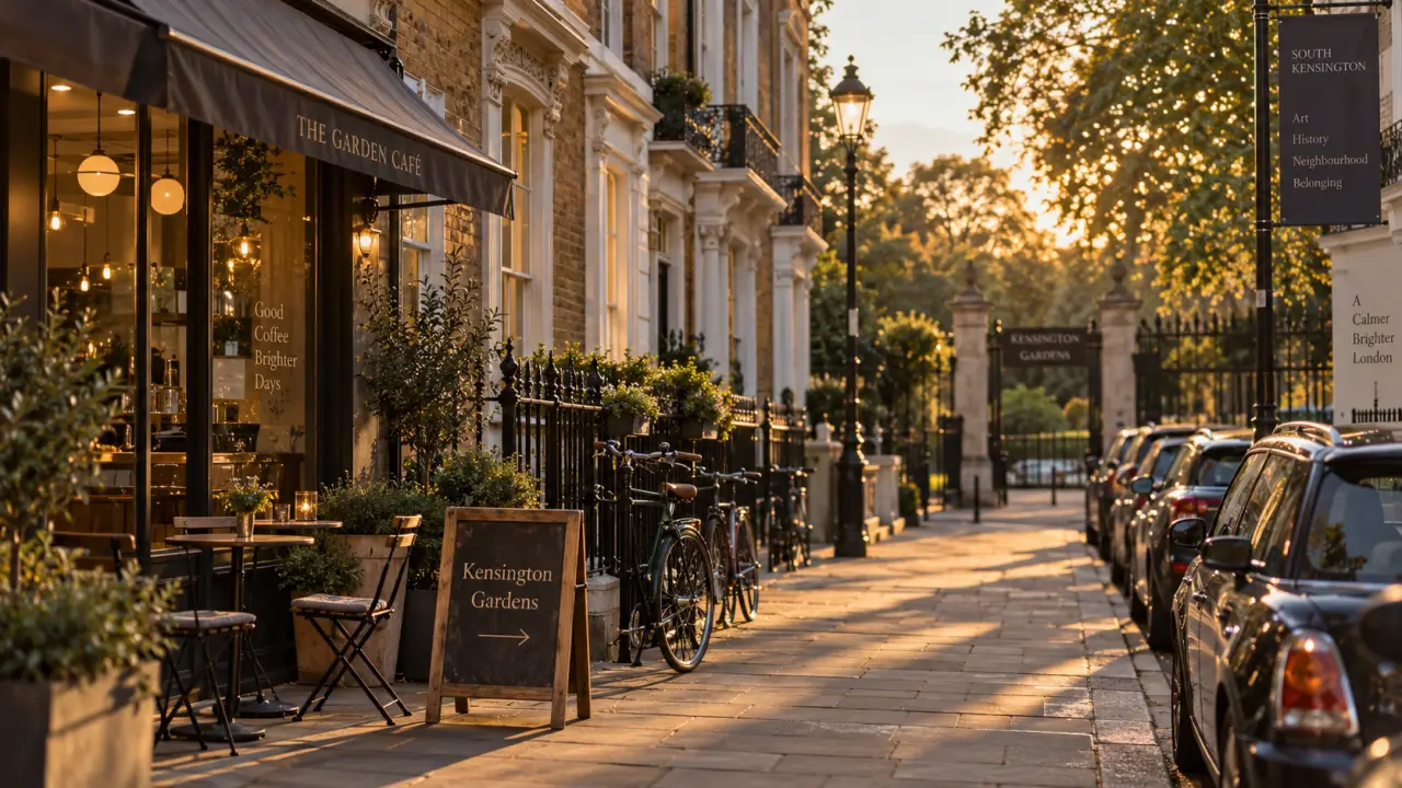 Visiter Kensington Londres : rue résidentielle et jardins en golden hour